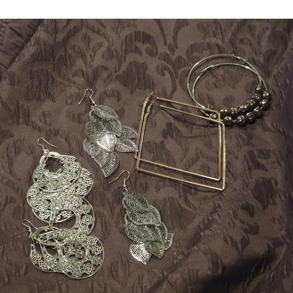 Large Hoop and Dangle Earrings Set of 4 Pairs. Silver and Gold Tone. Pierced